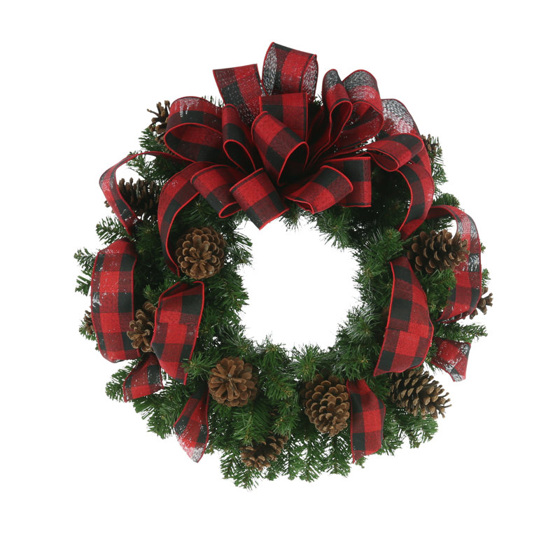 26" Pine Christmas Wreath With A Large Bow, Black, Red