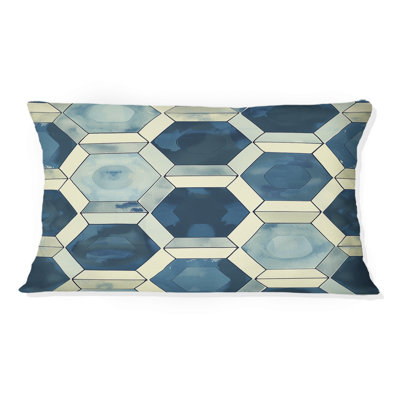 Blue Beige Midcentury Hexagon Print IV - Midcentury Lumbar Pillow