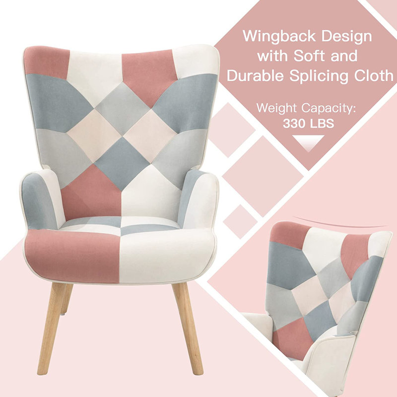 Bohemian Style Accent Chair With Ottoman Set, Patchwork Linen Fabric,330Lbs Capacity, Pink 100% Linen