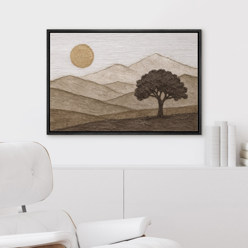 «Warm Tone Mountain Tree Scene Cozy Room Wall Decor Round Sun», reproduction d'art sur toile encadrée, H 16 po x l 24 po