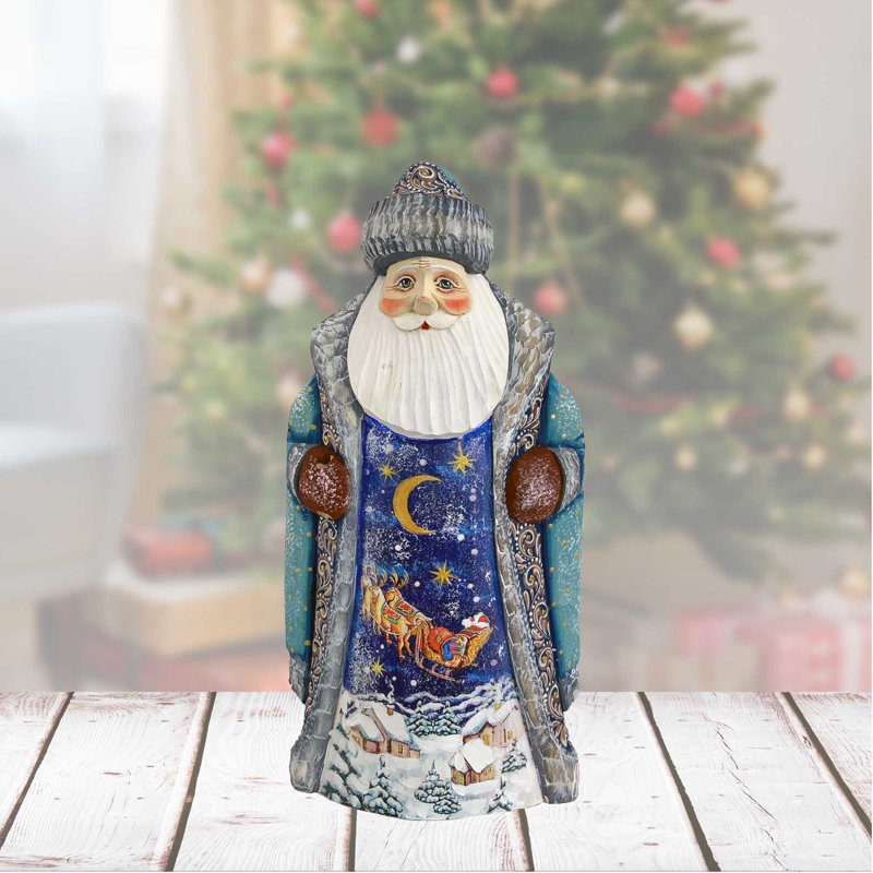 Wood Carved Sledding In The Night Skies Santa Figurine By G.Debrekht