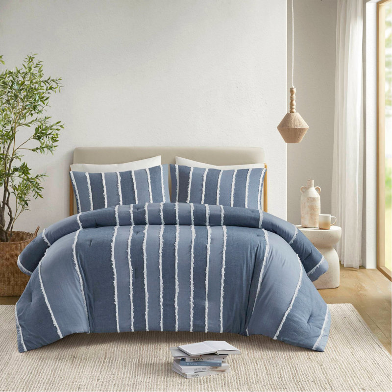 Ensemble d'édredon 3 pièces en coton rayé double / grand, bleu