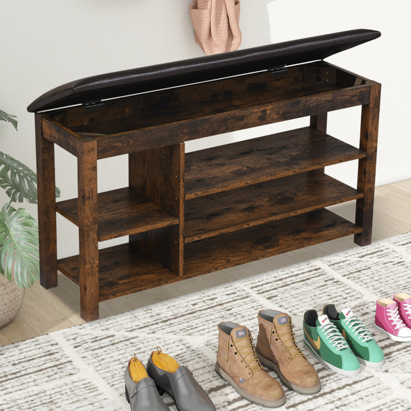 Banc à chaussures en bois massif, étagère de rangement en bois avec coussin éponge à rebond élevé et rangement caché, Rétro