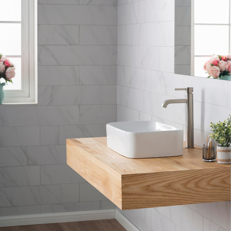 Ceramic Rectangular Vessel Bathroom Sink with Faucet, Satin Nickel