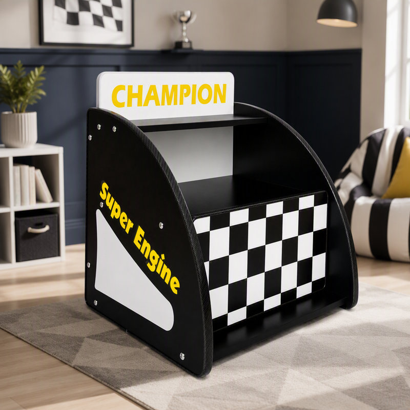 Table de chevet Kids Racing Car avec tablette de rangement ouverte, 1 tiroir, bande de protection arrondie, Bleu