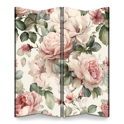 Paravent pliant à 4 panneaux, motif floral rose poudré royal avec roses et feuilles vertes, en toile, séparateur de pièce autoportant, cloison de protection pour plus d'intimité