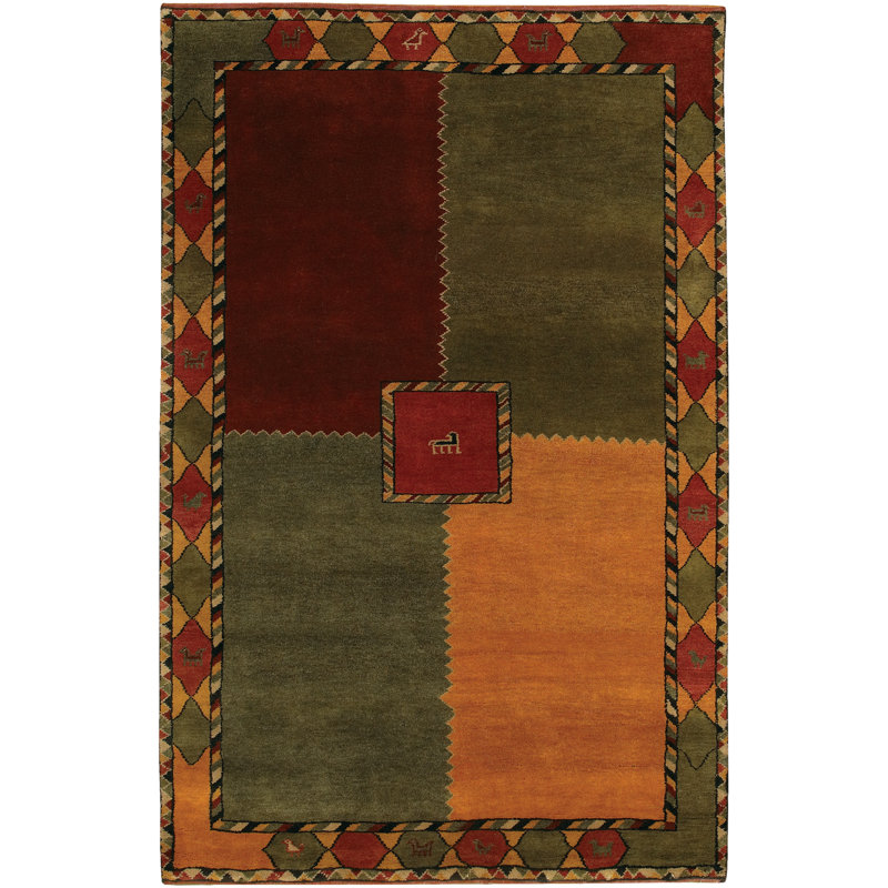 Chelsea Wool Geometric Area Rug in Green/Brown/Red, Round 7'9"