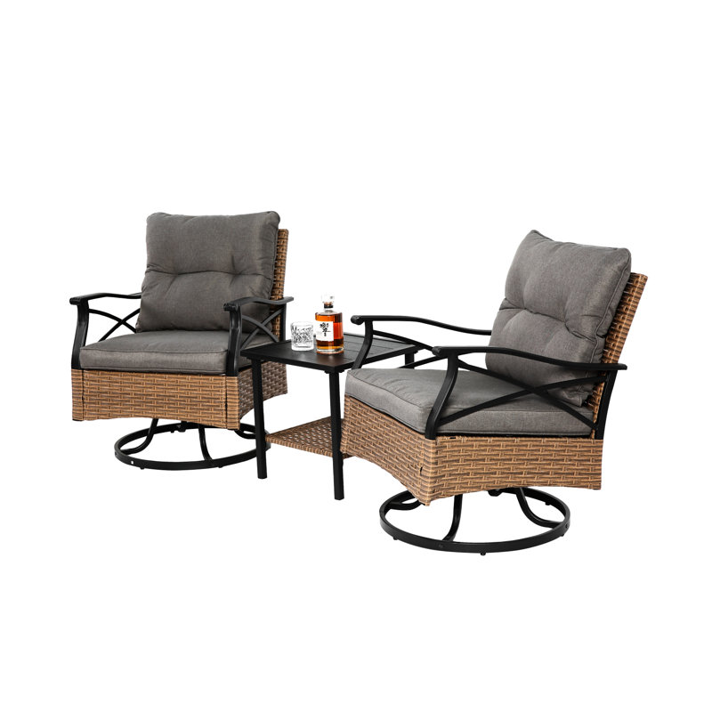 Outdoor Patio Swivel Rocker Chairs - 3 Piece With Table, Heavy-Duty Steel Construction, Comfortable Seating, Brown Furniture Frame, 360 Degree & Rocking Chairs, , Removable Back Cushions