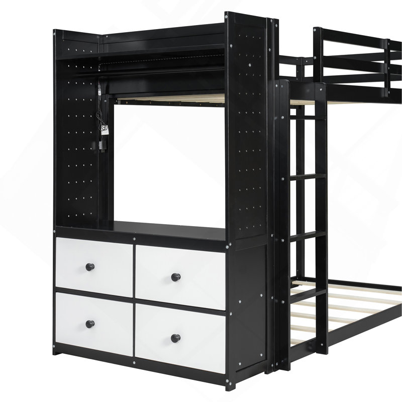 Lit superposé simple avec 4 tiroirs de rangement, rail suspendu, bande lumineuse et tablettes intégrées et 2 panneaux perforés, 3 couleurs disponibles