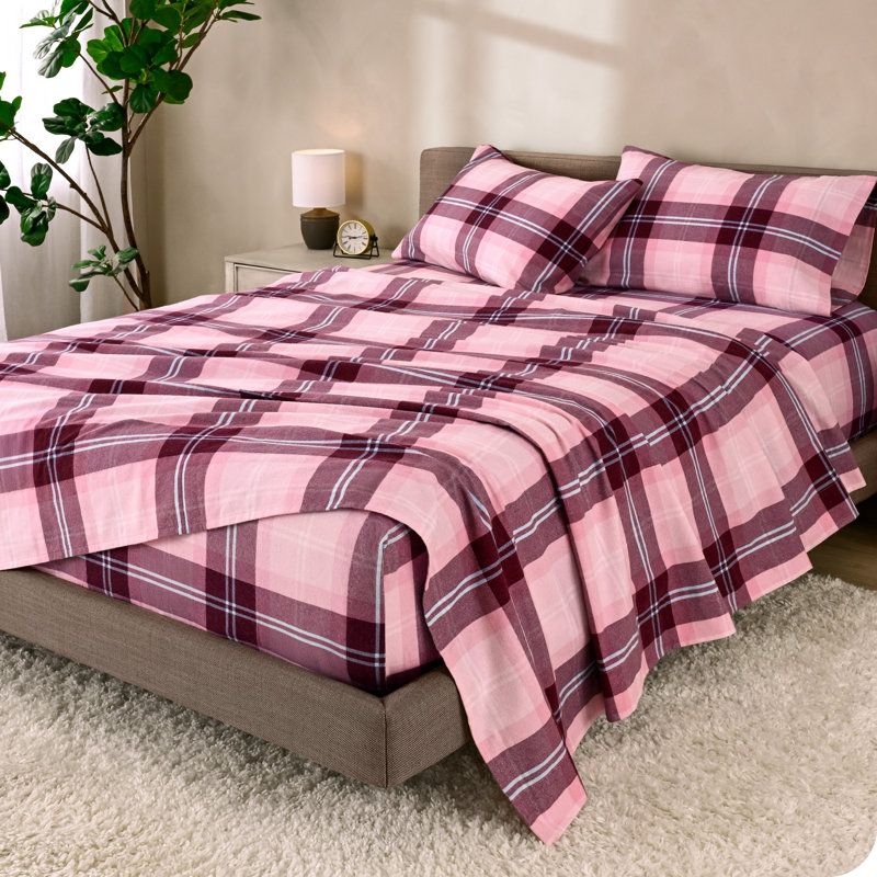 100% Cotton Flannel Sheet Set, Twin Sheet Set with 1 Pillowcase, Pink Symphony Plaid