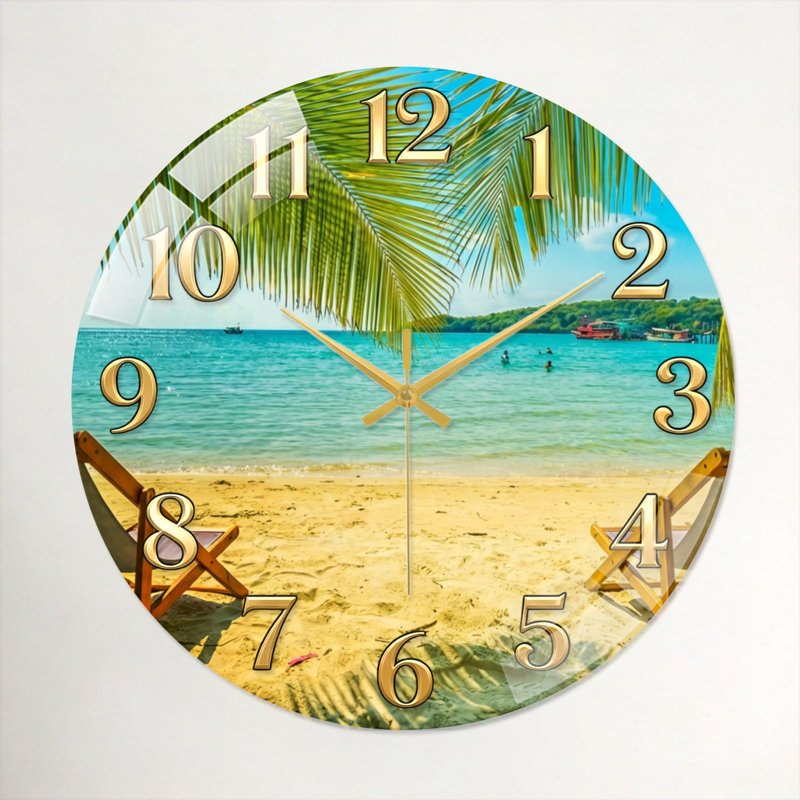 «Beach Scene», horloge murale en verre, 40 x 40 cm (15,7 x 15,7 pouces)