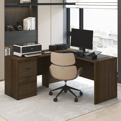 Bureau de direction en L de 152 cm avec caisson de classement intégré, bureau en L avec caisson de classement fixe à 3 tiroirs, passe-câbles, idéal pour le télétravail ou le bureau à domicile, finition noyer moderne