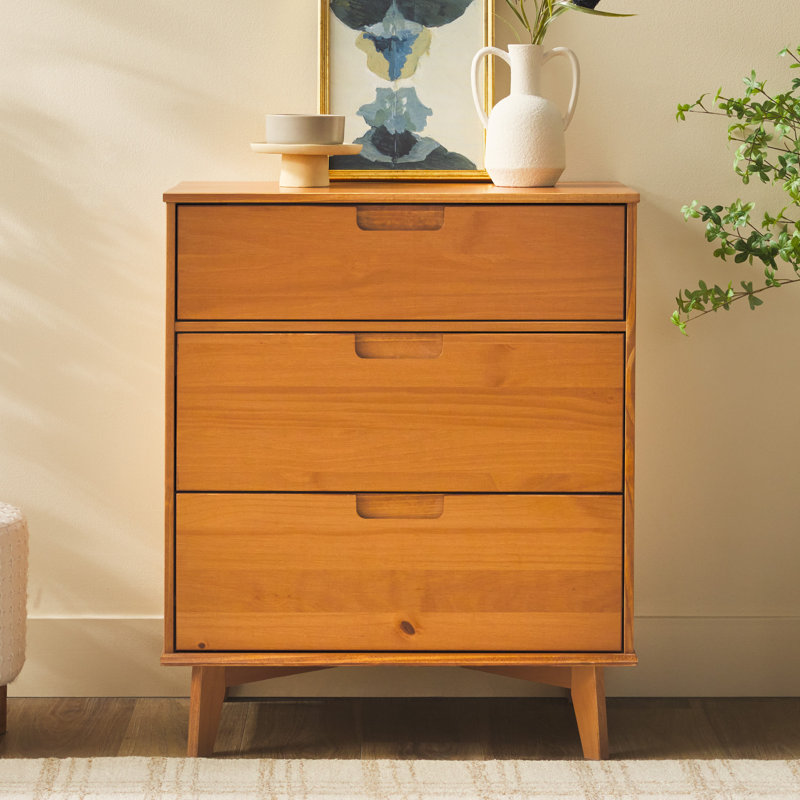 Yarber Groove 3 Drawer Solid Wood Chest, Caramel