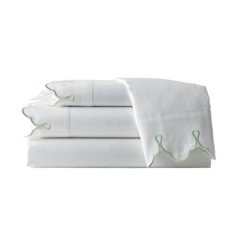 Scalloped 100% Cotton Standard Sheet Set, Queen Sheet Set, White Green