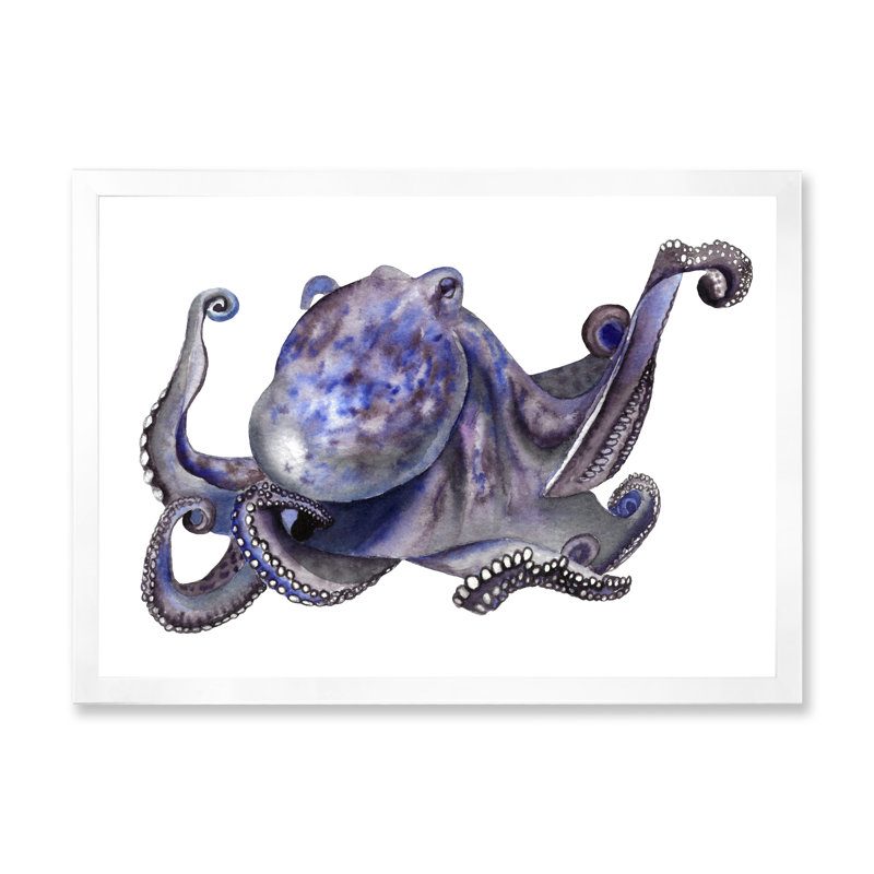 «Cute Blue Octopus», art mural sur toile nautique et côtier, H 8 po x l 12 po x P 1 po, Cadre photo blanc