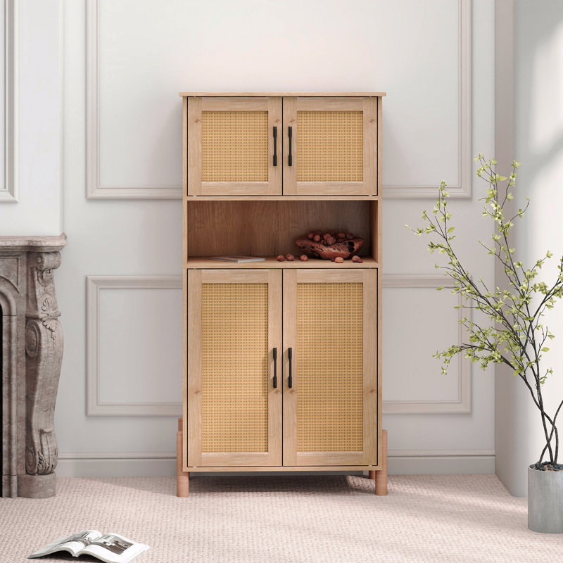 Armoire de rangement, style Mid-Century moderne, rotin, tablettes réglables, 4 portes avec portes