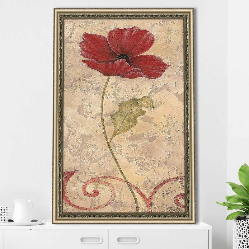 Poppy Passion I - Peinture, Encadrement champagne, H 27,5 po x l 21,5 po x P 0,75 po