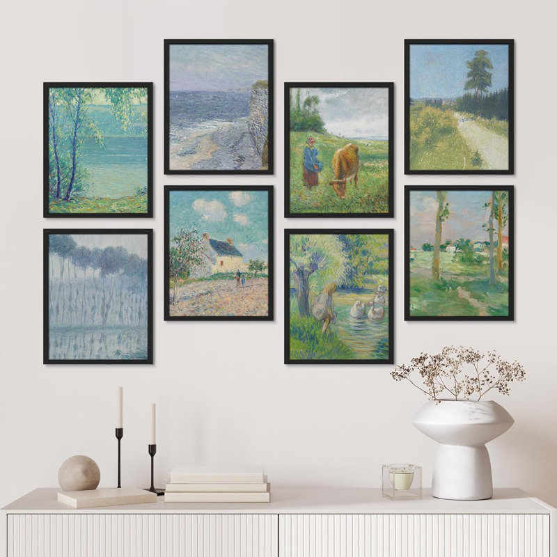 Affiches rétro, paysage de lac, arbres naturels, vache campagne, décor de cadre rustique, 8 pièces, Noir