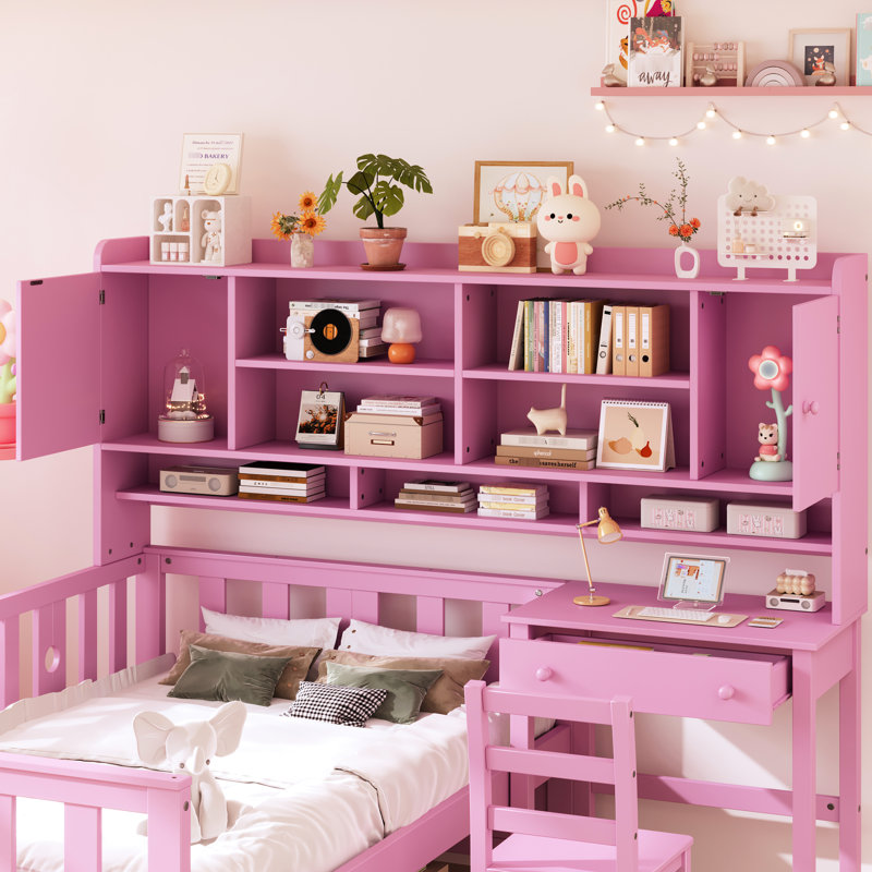 Lit simple rose avec bureau fonctionnel, fauteuil branché et bibliothèque multifonctionnelle de style tête de lit, Rose