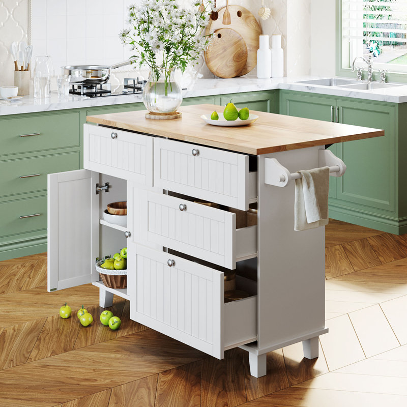 Farmhouse Kitchen Island Set With Drop Leaf, 2 Stools, Storage Cabinet, Drawers, Towel Rack, Rubberwood Top, White+Rustic Brown