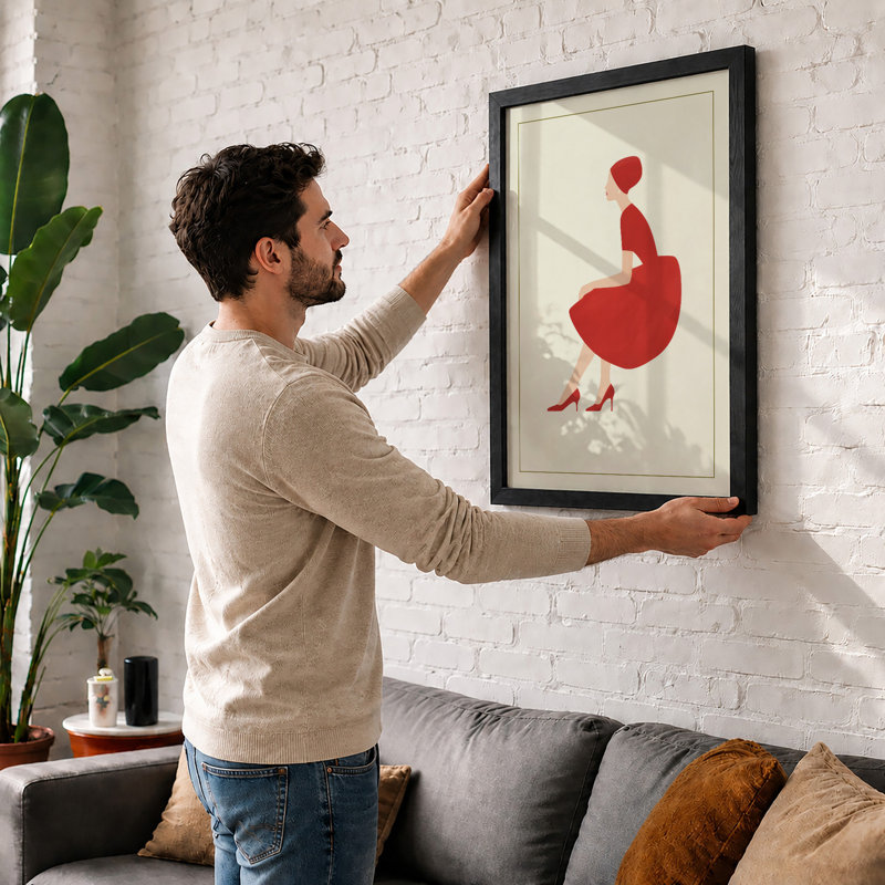 Woman With Red Heart Modern - Print, Walnut, A1 - 84.1 x 59.4 cm