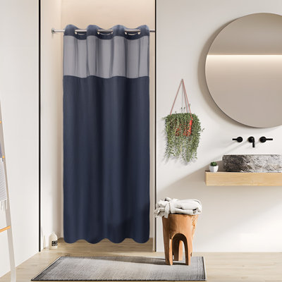 Ramjani Waffle Weave Shower Curtain With Snap in Liner, Sheer Window