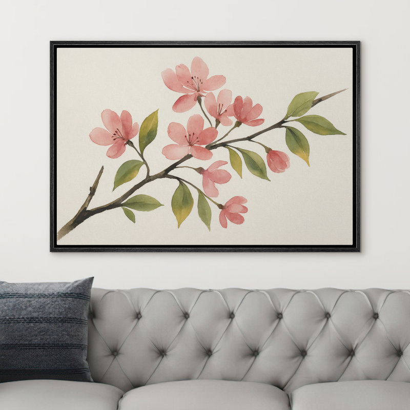 "Pink Spring Blossom Branch", reproduction d'art sur toile encadrée, H 24 po x l 36 po x P 1,5 po, Noir