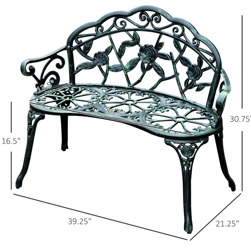 Banc d'extérieur en aluminium coulé avec construction courbée en métal et rose