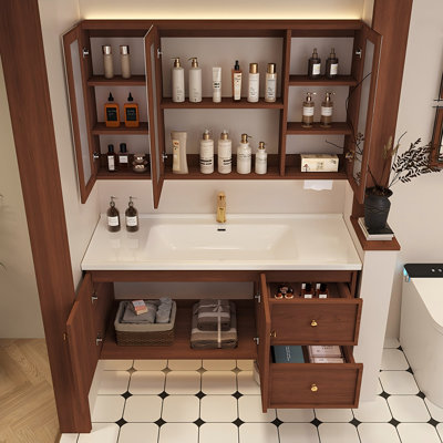 Meuble-lavabo mural en bois d'hévéa avec lavabo en céramique intégré et armoire à pharmacie intelligente