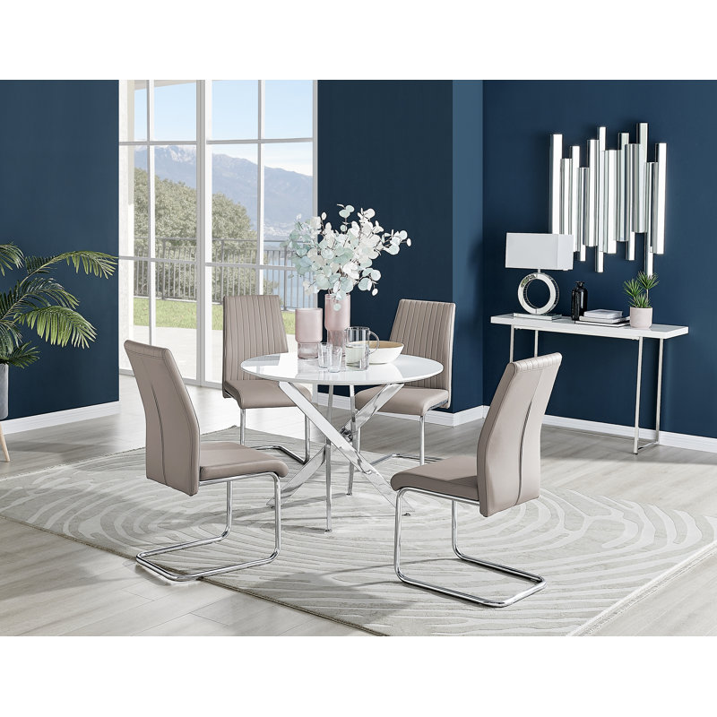 Tierra Modern Chrome Metal & Glass Round Dining Table Set with 4 Upholstered Faux Leather Chairs, 75cm H x 100cm L x 100cm W
