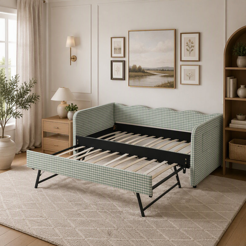 Lit de jour simple Gingham avec lit gigogne convertible 3-en-1, Cyan