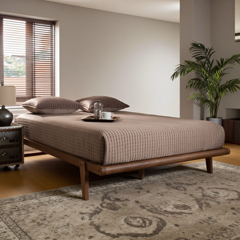 Solid Wood mid-century modern design, King Platform Bed, Ash Walnut 76.8'' W X 81.3'' L X 12.8'' H, King