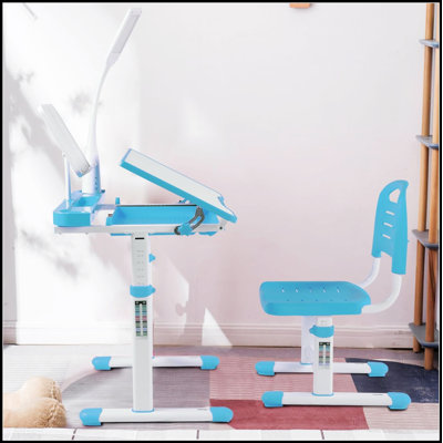 Ensemble de bureau et de chaise à hauteur réglable pour enfants avec bureau inclinable à 40 degrés, lumière DEL et bibliothèque pour l'art et les études