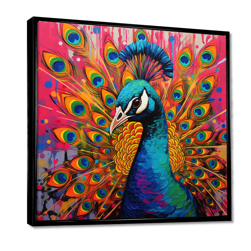 Bleu sarcelle, Pop Art, paon - paon, art mural sur toile, 44" H x 44" W, Cadre flottant noir