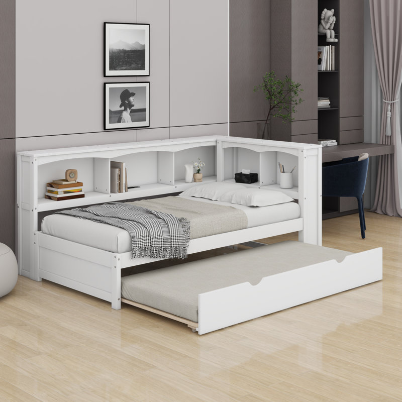 Lit de jour simple avec lit gigogne, armoires de rangement et ports USB, Blanc
