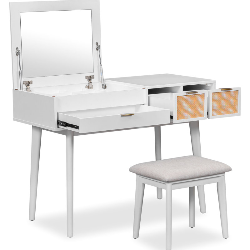 Meuble-lavabo classique en bois avec tabouret, miroir blanc rabattable de 43,3 po et trois tiroirs pour un magnifique miroir blanc, un espace de beauté organisé