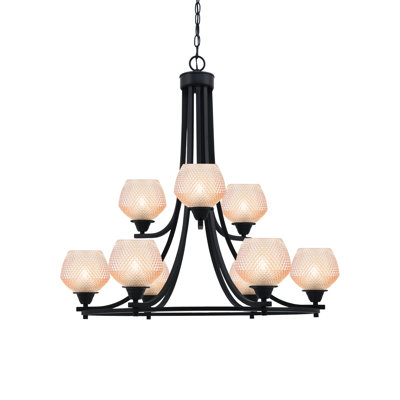 Lustre 9 lumières Patton présenté en finition noir mat avec verre texturé ambré 6 "