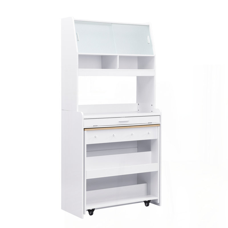 Compact 33.5x15.7x69inch Buffet with Hutch and Foldable Dining Table, Multifunctional Cupboard with Storage Shelf and Side Hooks for Small Places,Studio, Apartment