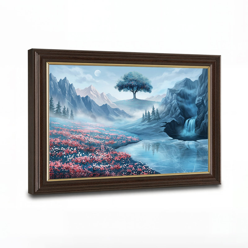 «Pink Wildflowers and Frozen River Under Blue Mountains», art mural sur toile, H 16 po x l 24 po