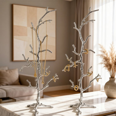 Set of 2 Silver Aluminum Tree Jewelry Stands 22" Tall Branching Display Rack for Necklaces Rings Bracelets