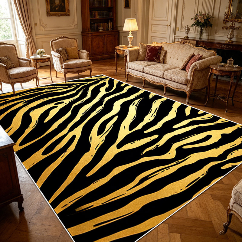 1PC Metallic Gold Black Zebra Stripe Pattern area rugs, Soft and Comfortable, easy-to-maintain, machine washable Indoor floor mat, suitable for living room, bedroom, dining area, hallway, entryway, porch, Home Decor, Outdoor Decor.
