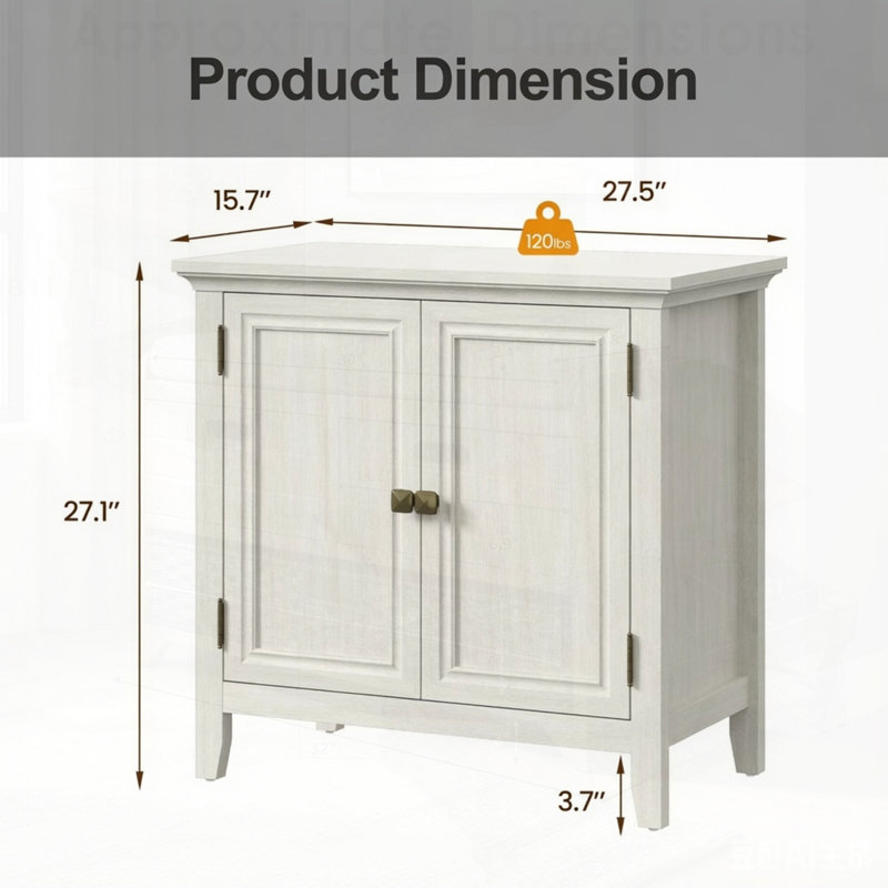 Large armoire-buffet 2 portes bohémienne blanc-grisâtre avec tablette réglable, parfaite pour un décor moderne et rustique
