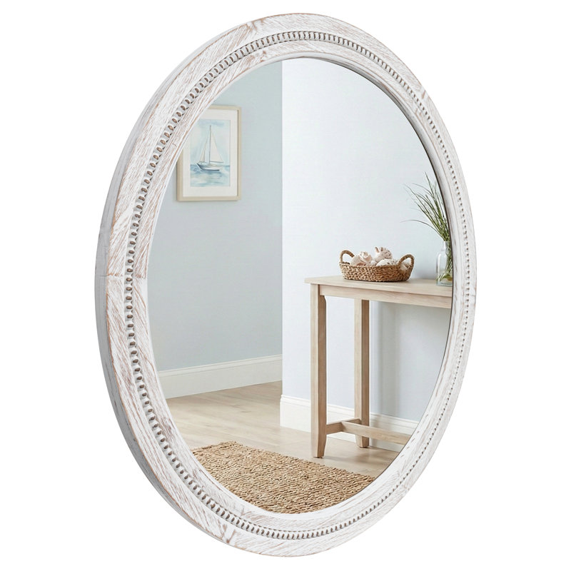 Solid Wood Round Decorative Wall Mirror, Antique White, 30" x 30"