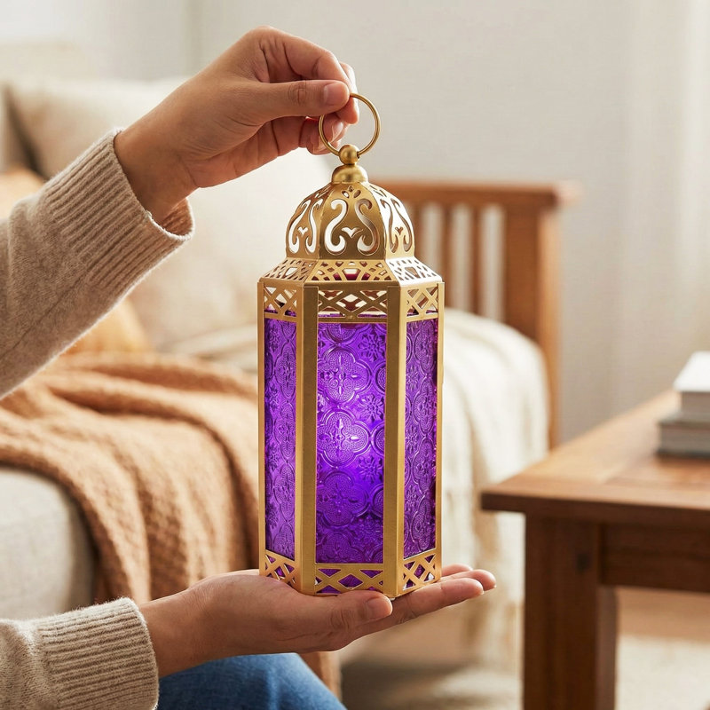 Gold Moroccan Candle Lantern Decorative Candle Holder Lamp for Table or Hanging, Ramadan Decorations, Weddings, Indoor Home Decor, Outdoor Patio or Porch (Set of 2)