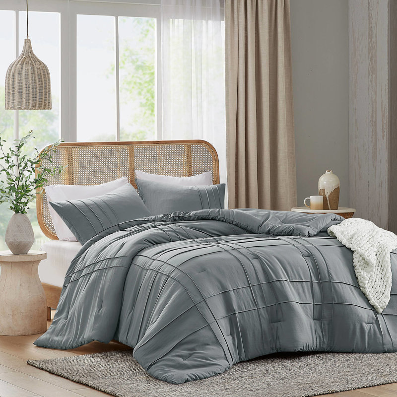 Édredon simple / simple TG plissé avec microfibre prélavée, motif quadrillé, équilibre parfait entre poids et chaleur, taies décoratives délavées, plis pincés raffinés, utilisation à l'année, lavable à la machine