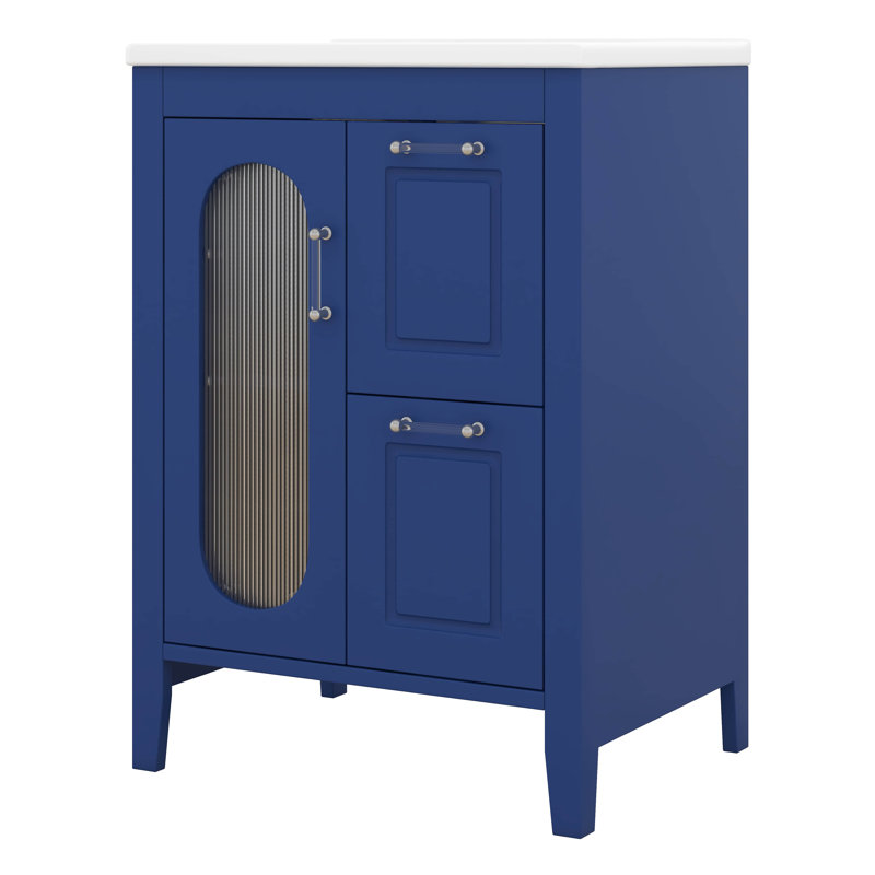 Meuble-lavabo 24 po avec lavabo en céramique, 1 porte en verre, 2 tiroirs à fermeture douce et tablette réglable, armoire de rangement en bois massif