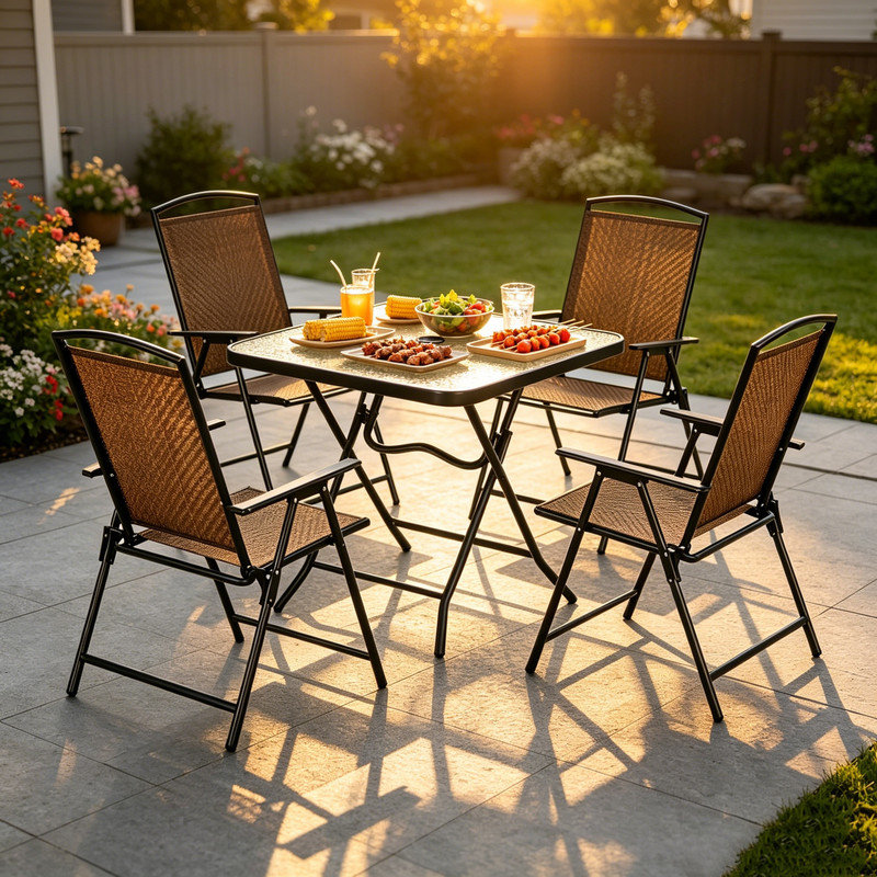 Ensemble de salle à manger de patio pliable 5 pièces pour économiser de l'espace, ensemble de conversation en acier et osier en PE avec table en verre trempé et trou pour parasol