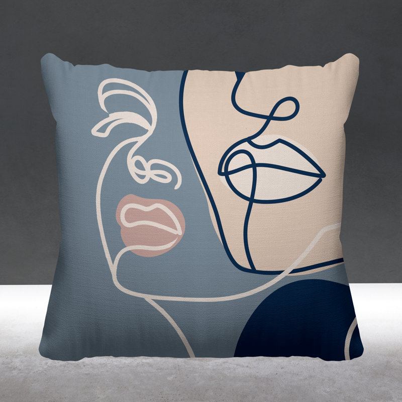 Coussin décoratif intérieur / extérieur Conte Minimalist Line Face, L 19 po x H 19 po, Bleu gris