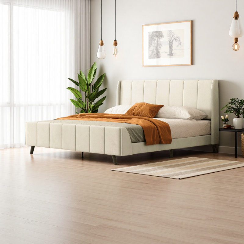 Lit plateforme tapissier, velours, Gris, Lit double