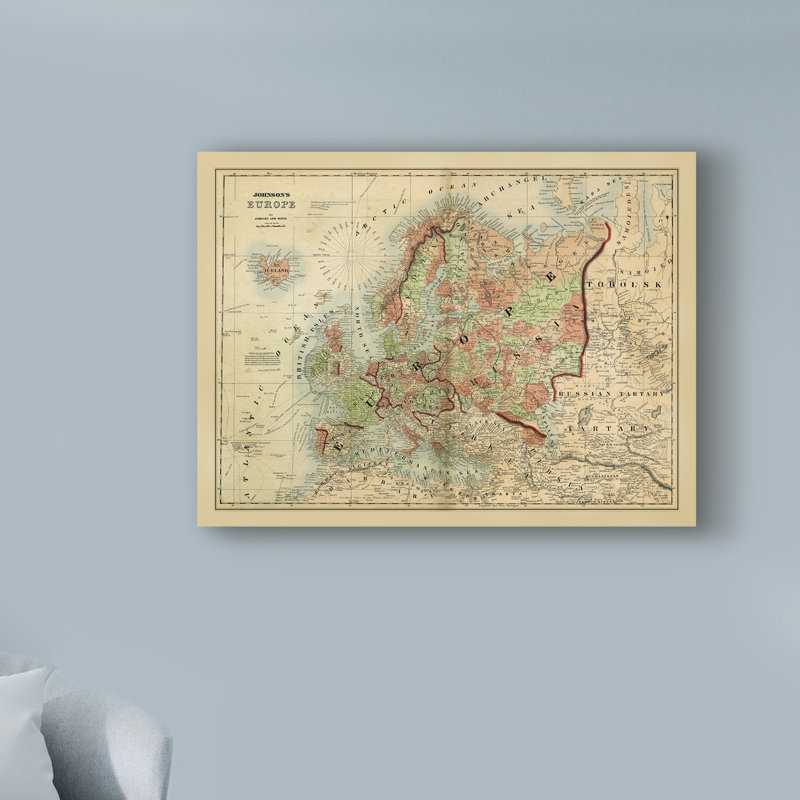 « antique map of europe », reproduction d’impression sur toile tendue, H 35 po x l 47 po x P 2 po